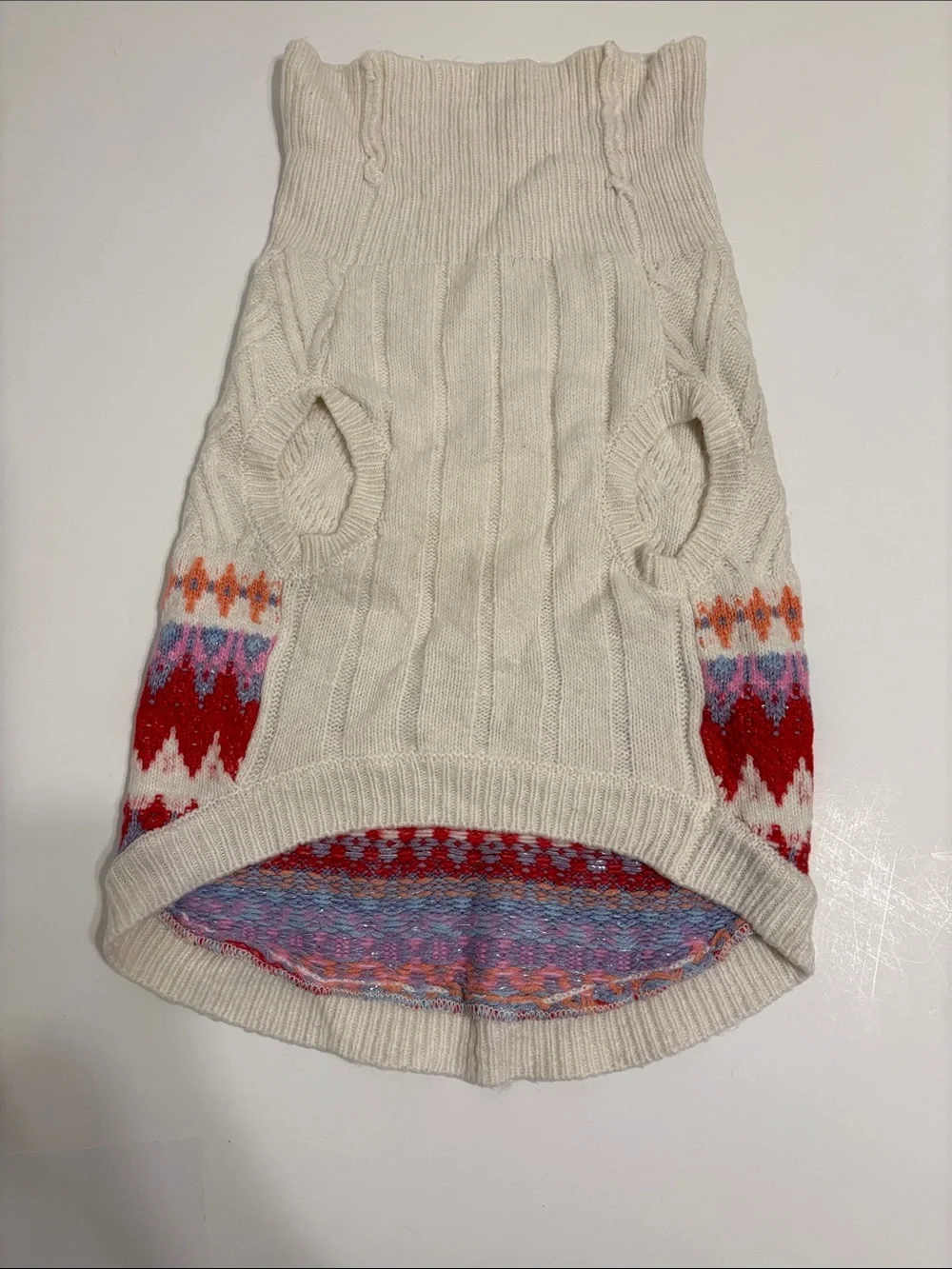 Cream Cable Knit Dog Sweater with Red & Multicolor Fair Isle Pattern - L